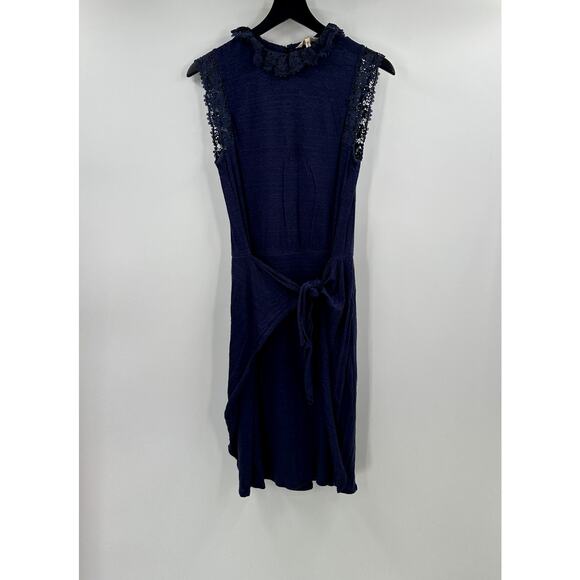 Rebecca Taylor Sleeveless Navy Blue Crochet 100% Linen Dress Size Large - Picture 1 of 8